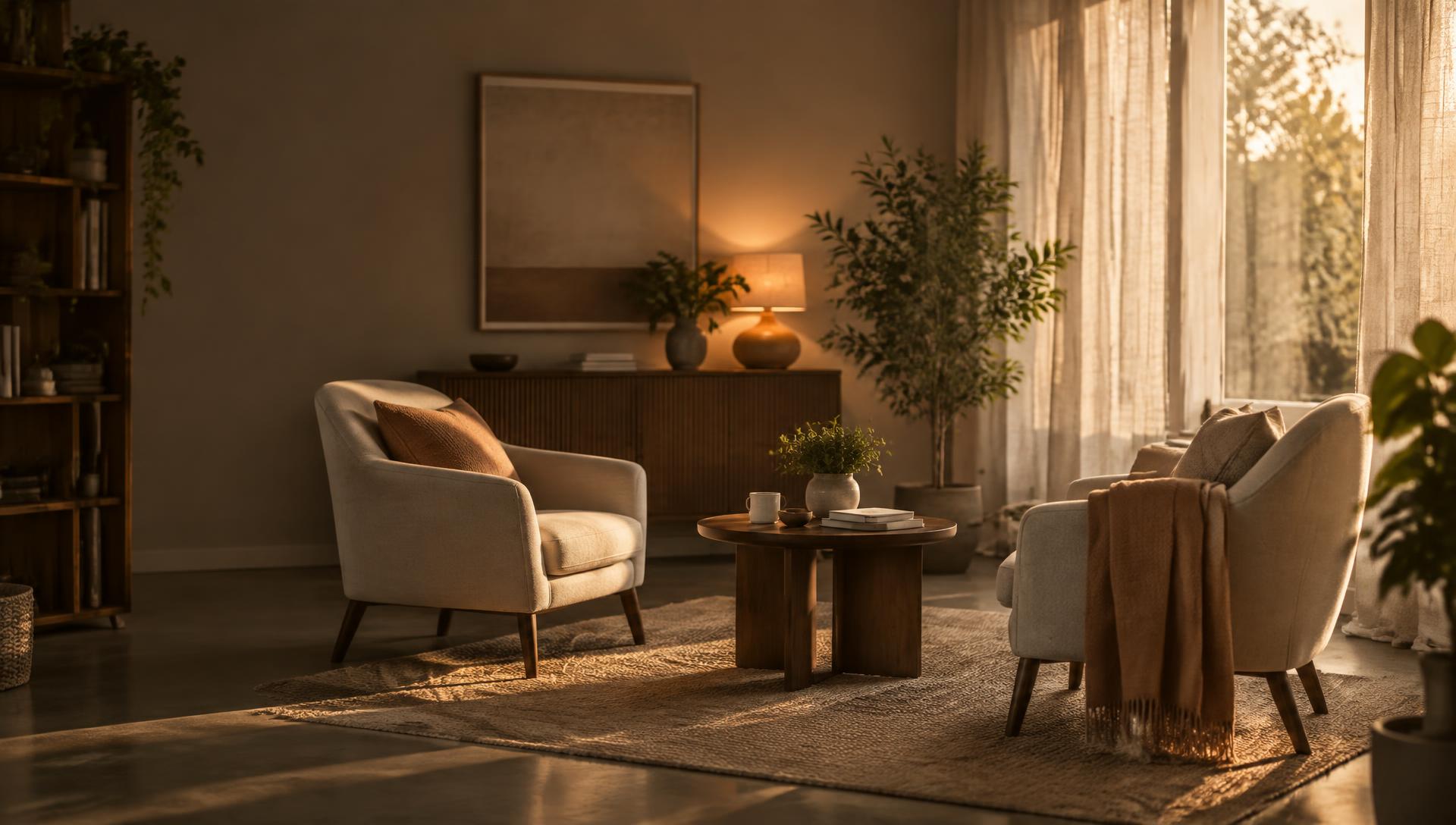 A calm, sunlit counselling room with two armchairs